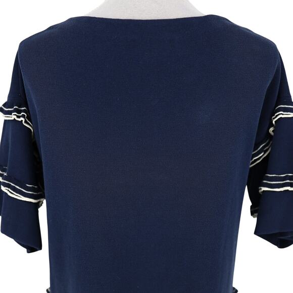 J Crew Top Womens Medium Navy Blue White Ruffle Sweater Cotton Knit Whimsy - Picture 9 of 12